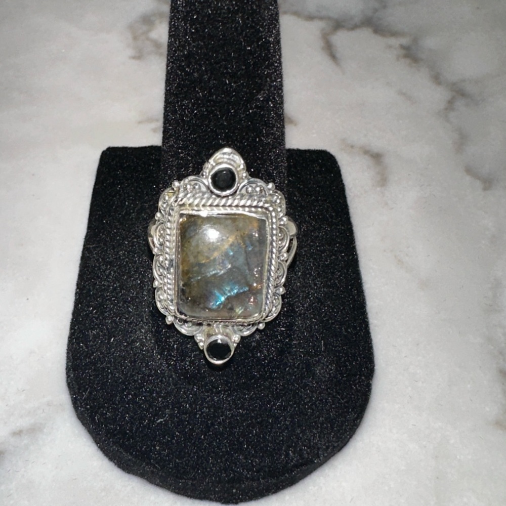 Sterling Silver with Black Onyx and Natural Labradorite Ring